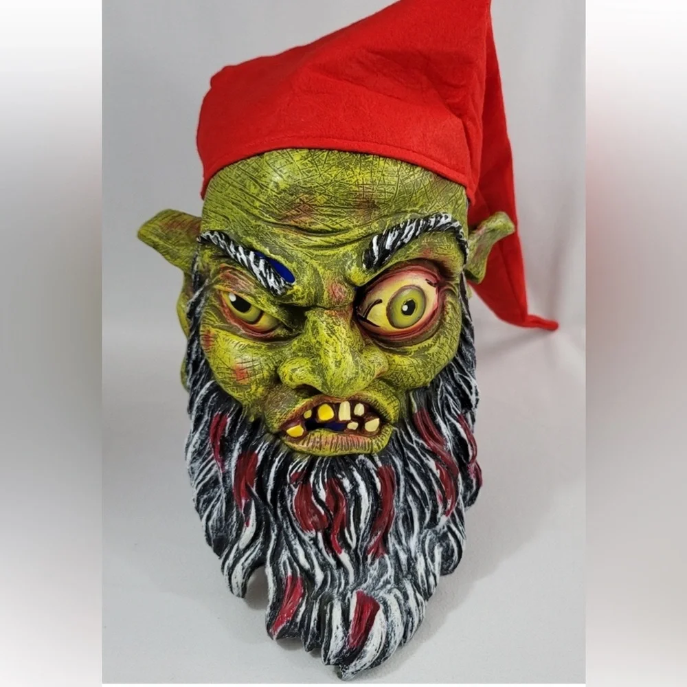 SCARY FACE horror mask GREEN GARDEN Gnome beard RED POINTY HAT Halloween monster